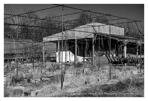 BW photograph of the main building of an abandoned nursery.